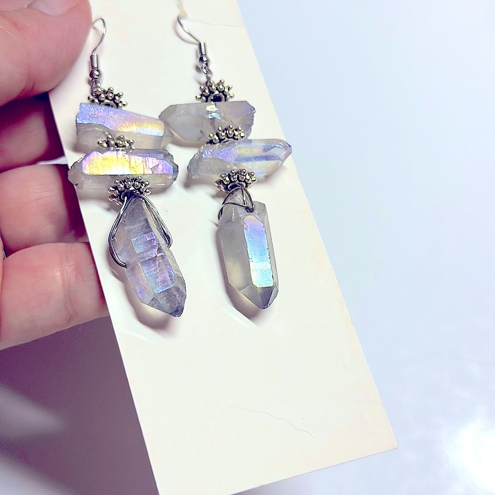 Soul Embellishment’s Iridescent Aura Grey Natural Crystal Quartz 3-Tier Earrings